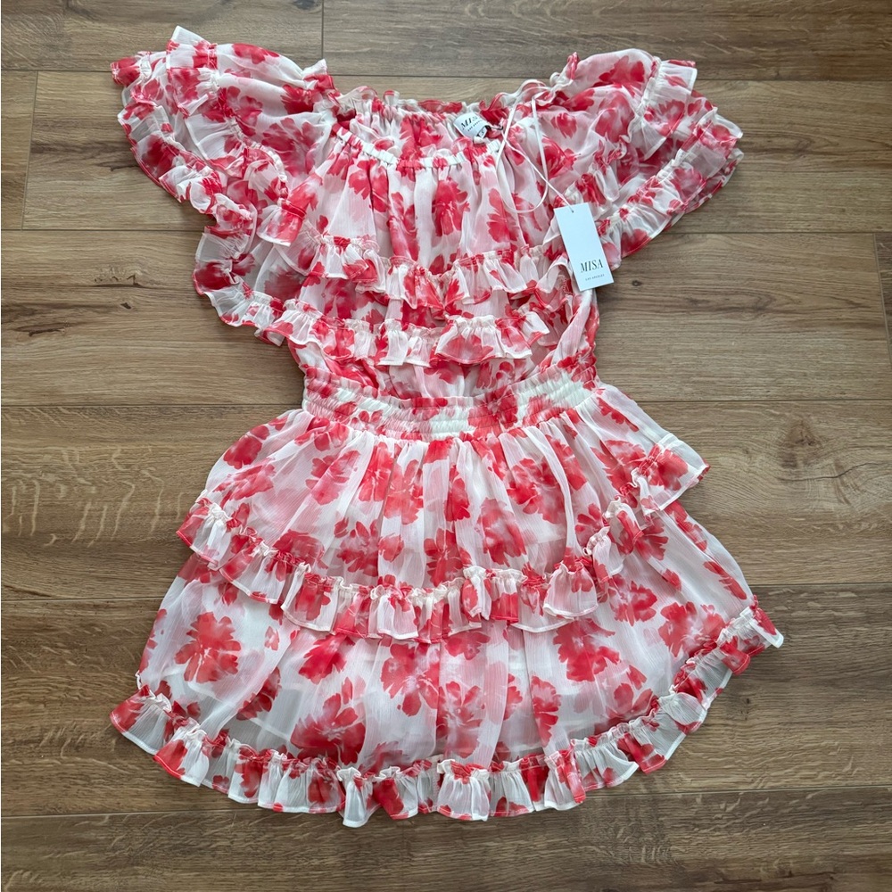 Misa LA Floral Ruffle Dress in Red and White